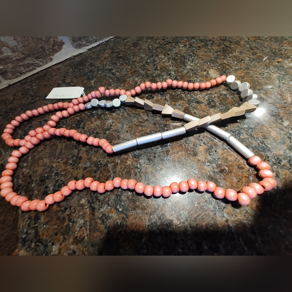 Wooden Beaded Necklace, Pink, Silver, Brown Painted Beads - Picture 4 of 5